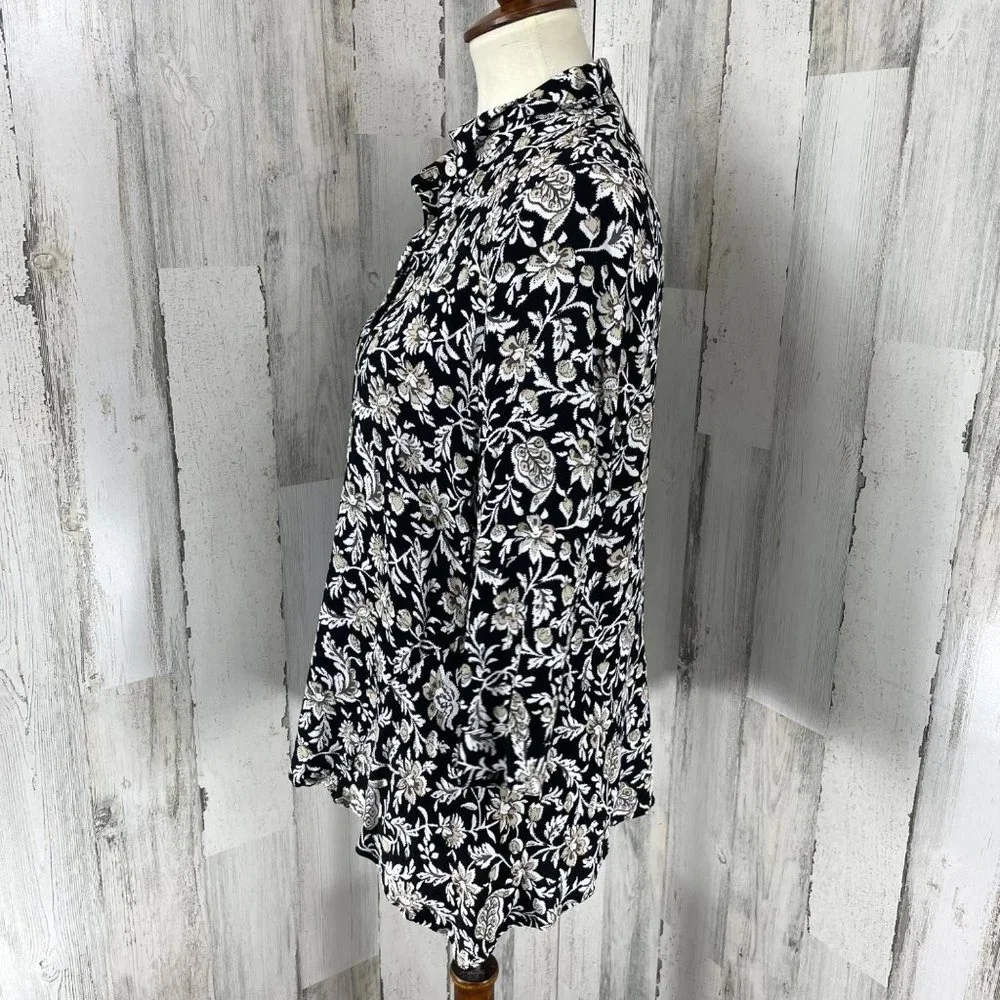 J. Jill Women's Black Floral Rayon 3/4 Sleeve Button Up Shirt Top Blouse Sz M